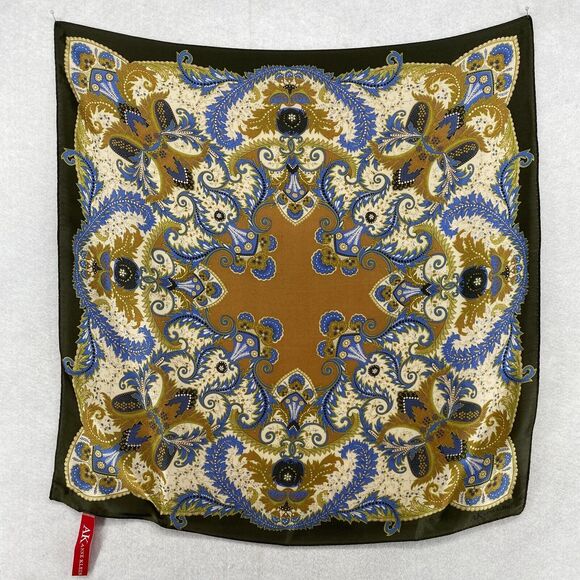 ANNE KLEIN Square Scarf Floral Paisley Print Silk Woven Beige Green 21 x 21 NEW - Picture 1 of 11